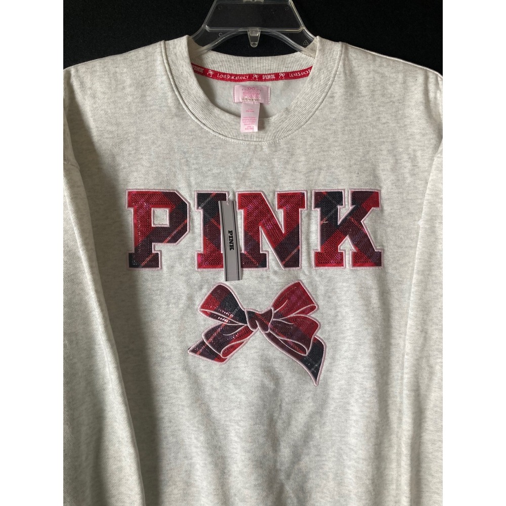 Victoria's Secret PINK LoveShackFancy Grey Plaid Sequin Bow Sweatshirt Large NEW